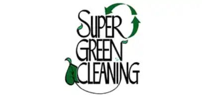 Logo of 'Super Green Cleaning' featuring stylized text with green leaves and a recycling symbol.