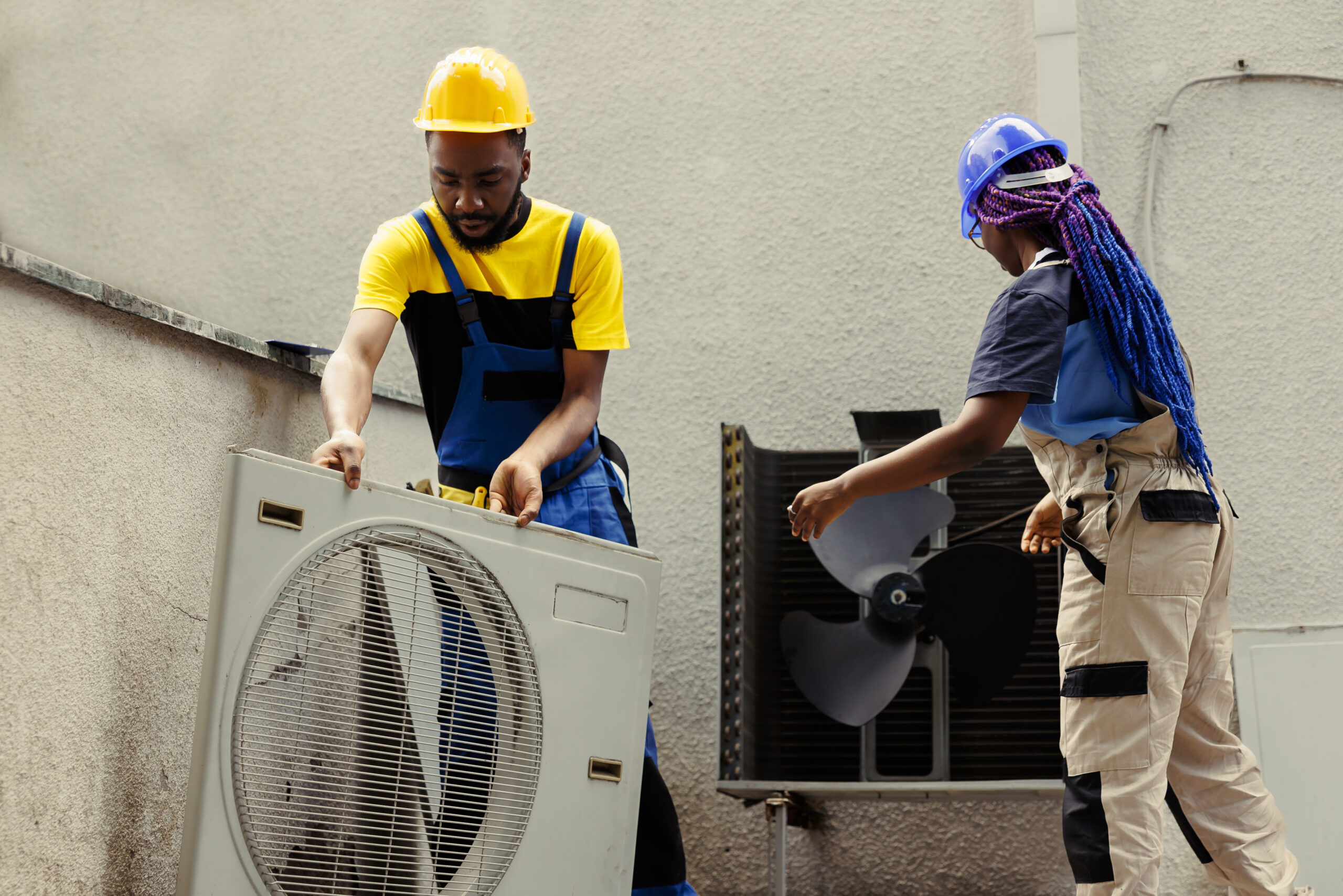 Air Conditioner Replacement Castle Rock CO Technicians disassemble hvac unit panel