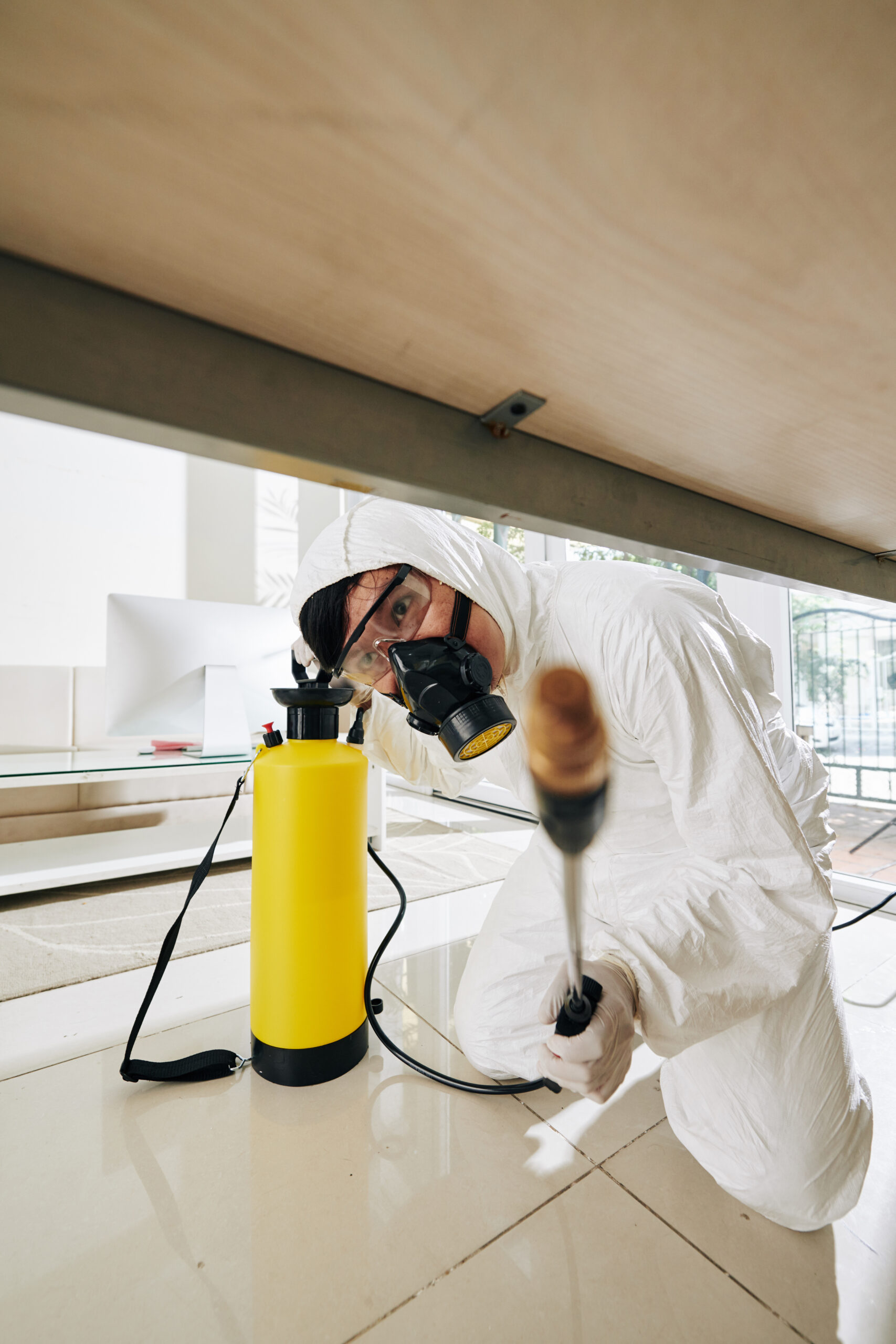Rodent Control Services Victorville CA Worker spraying every corner with disinfectant