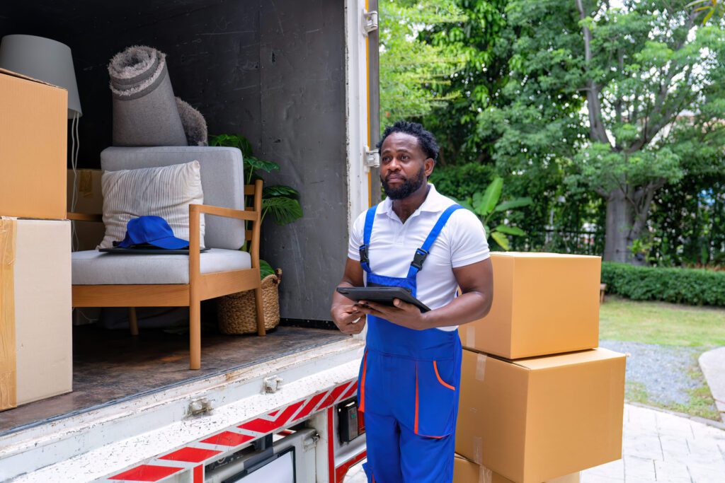 Moving Services in Los Angeles CA Delivery house move cargo truck service man checking box list from digital tablet for signature