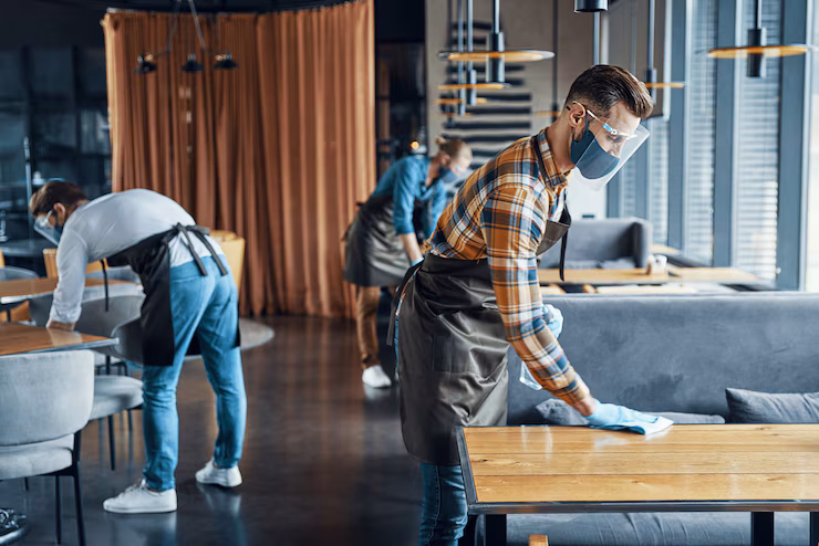 responsible-young-male-waiter-protective-face-shield-spraying-disinfectant-tables-restaurant_425904-2977